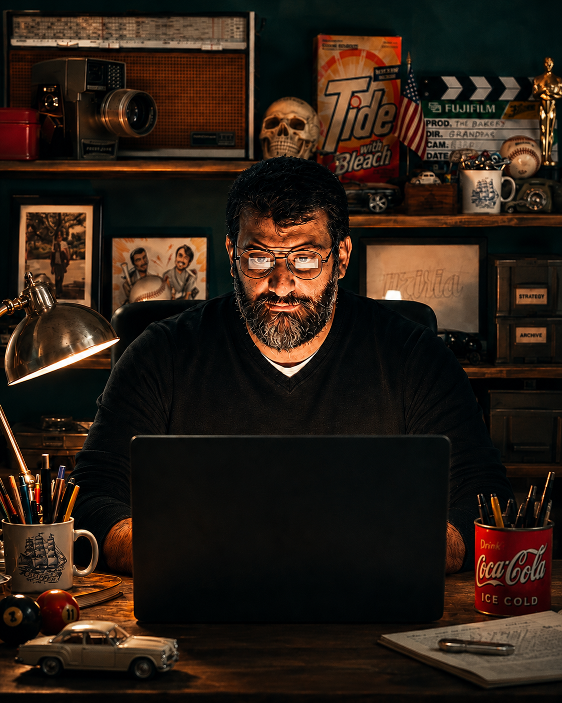 Alain Serafini seduto alla scrivania nel suo studio